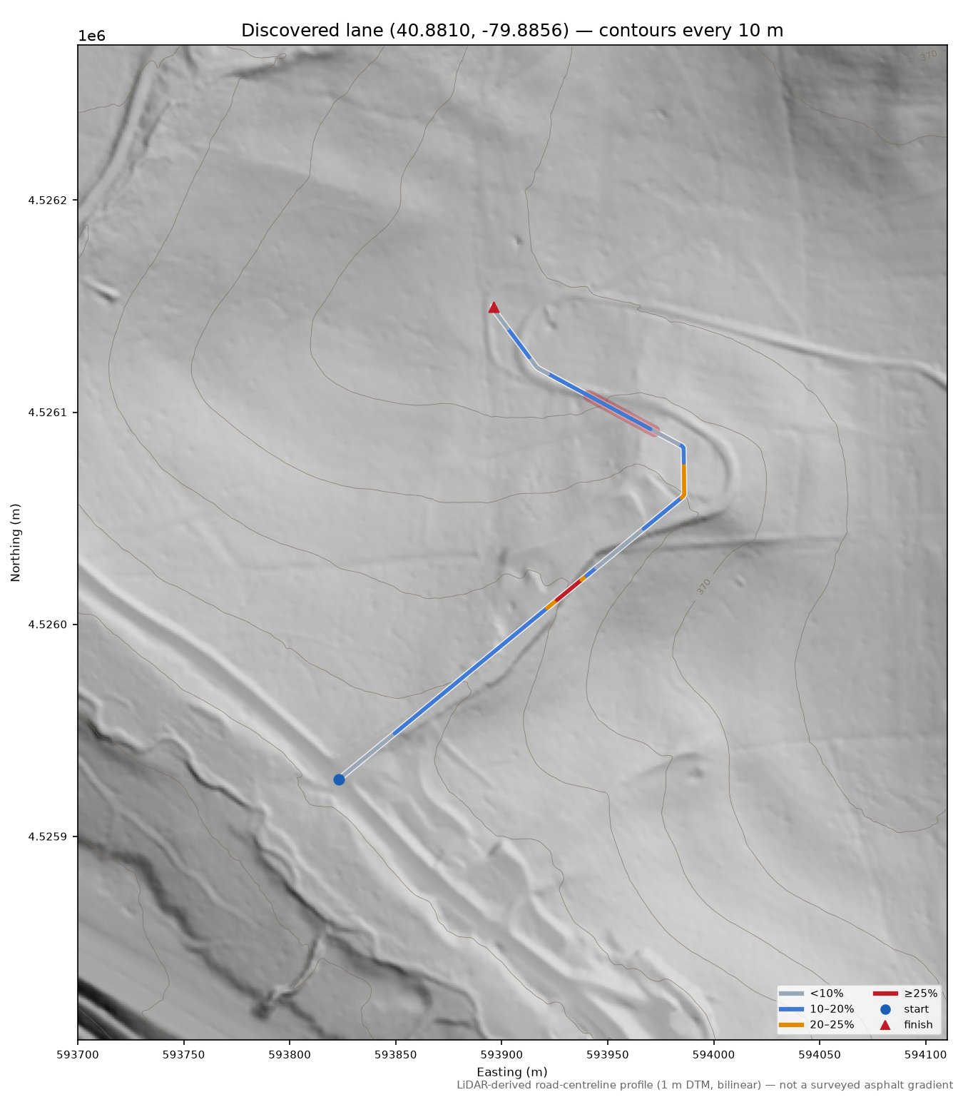 Discovered lane (40.8810, -79.8856) LiDAR hillshade map with contours