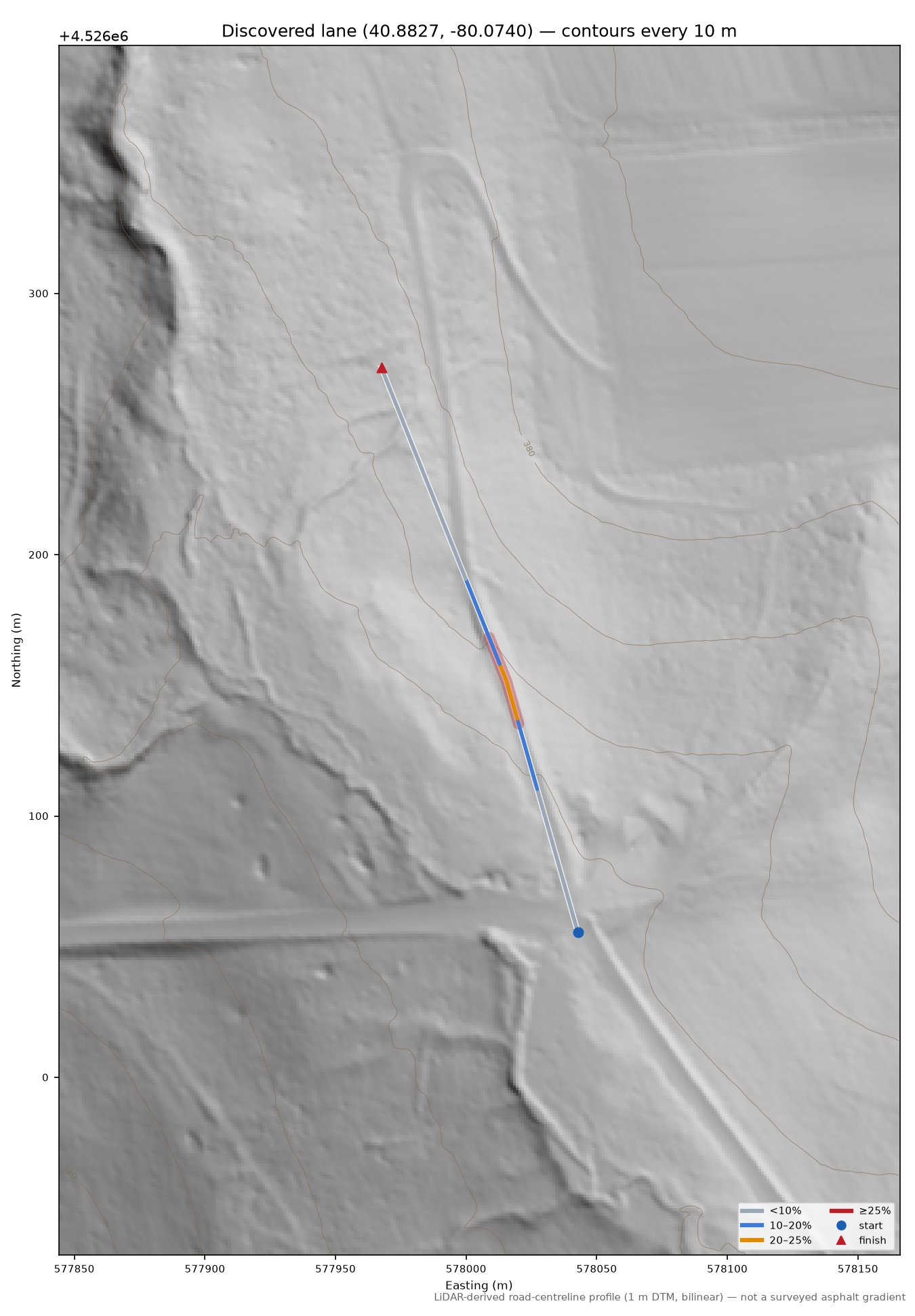 Discovered lane (40.8827, -80.0740) LiDAR hillshade map with contours
