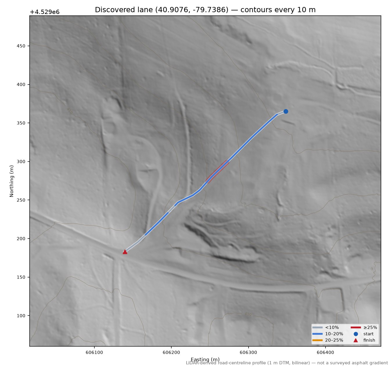 Discovered lane (40.9076, -79.7386) LiDAR hillshade map with contours