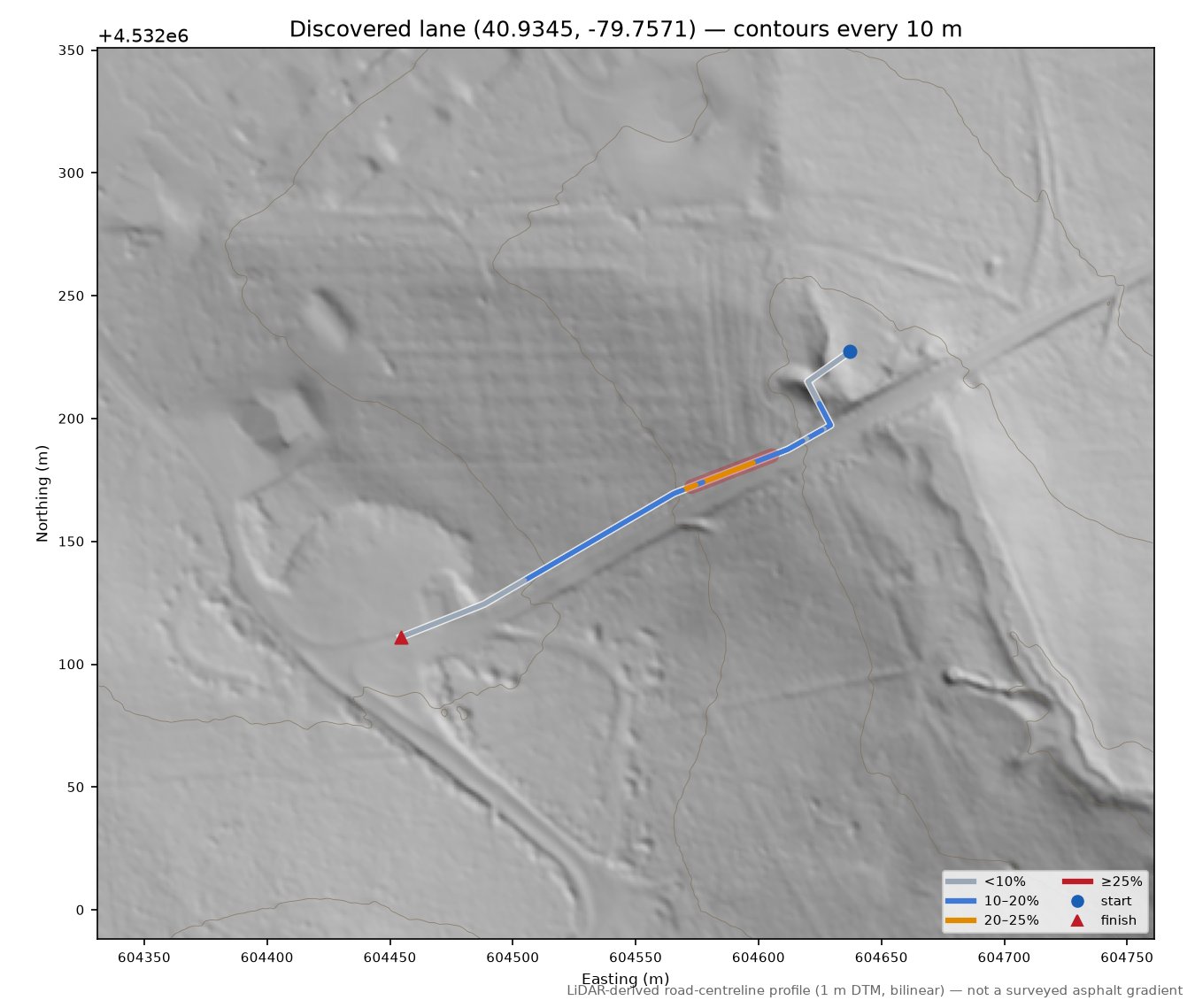 Discovered lane (40.9345, -79.7571) LiDAR hillshade map with contours