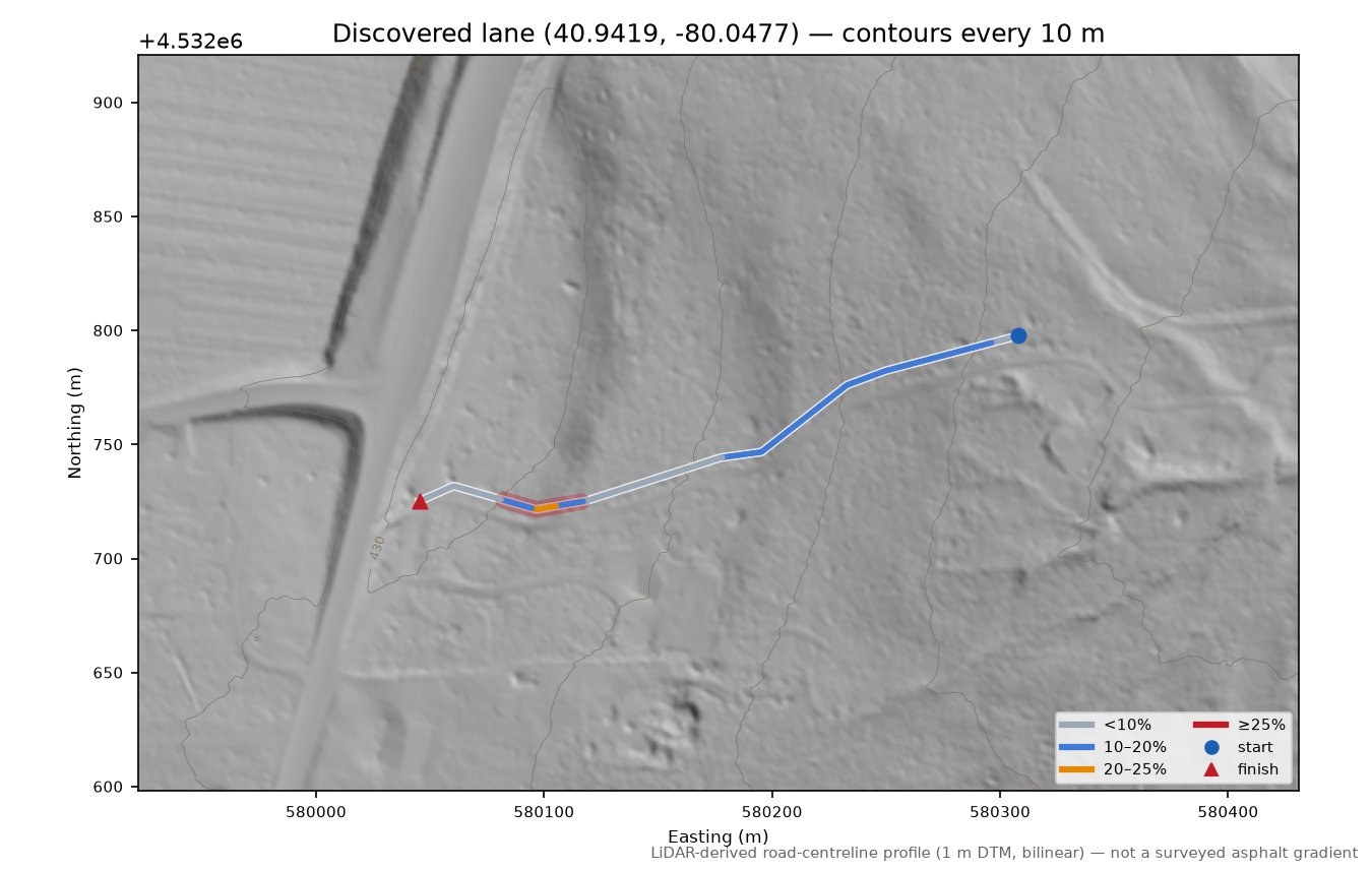 Discovered lane (40.9419, -80.0477) LiDAR hillshade map with contours
