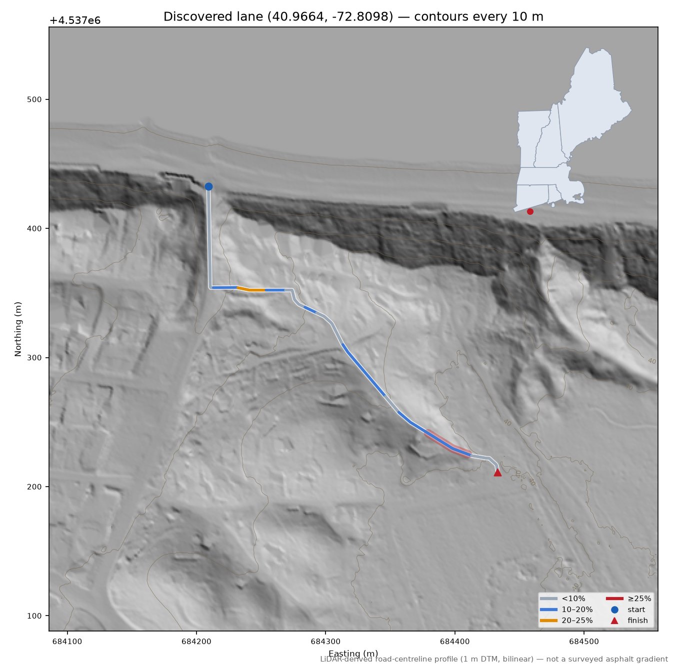 Discovered lane (40.9664, -72.8098) LiDAR hillshade map with contours