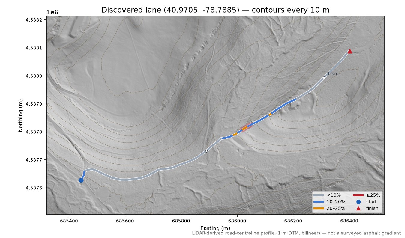 Discovered lane (40.9705, -78.7885) LiDAR hillshade map with contours