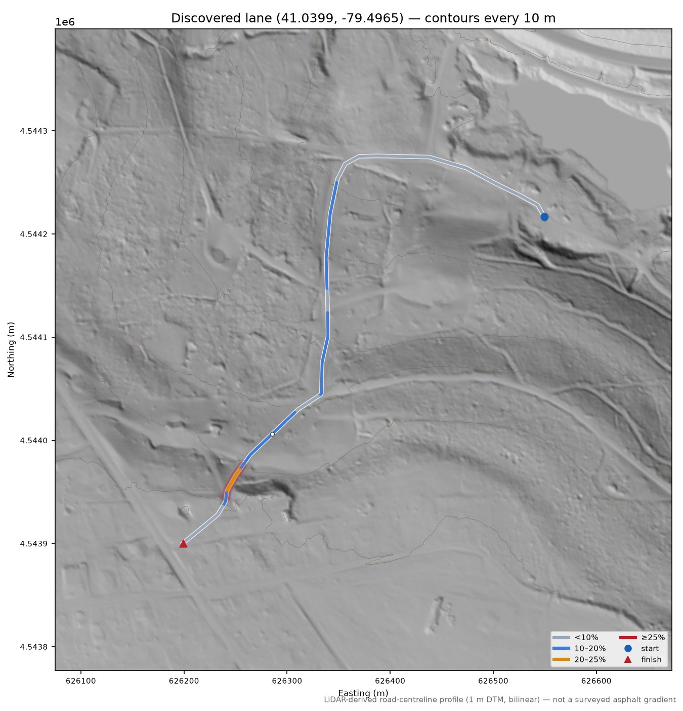 Discovered lane (41.0399, -79.4965) LiDAR hillshade map with contours