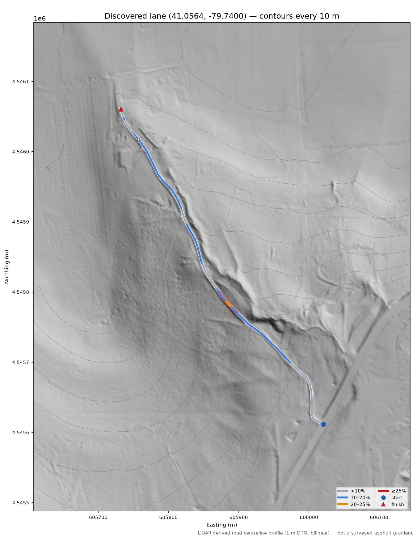 Discovered lane (41.0564, -79.7400) LiDAR hillshade map with contours