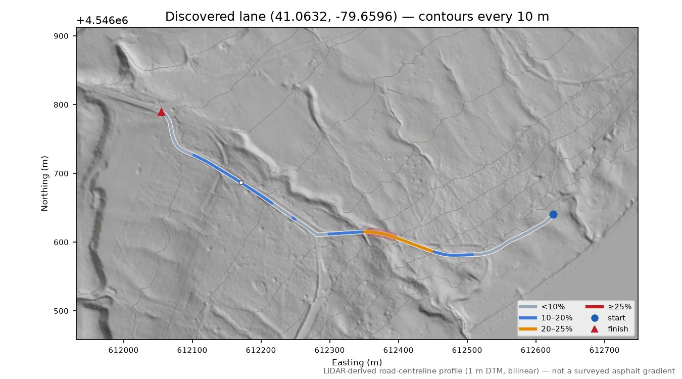 Discovered lane (41.0632, -79.6596) LiDAR hillshade map with contours