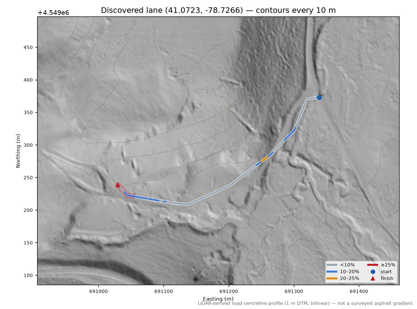 Discovered lane (41.0723, -78.7266) LiDAR hillshade map with contours