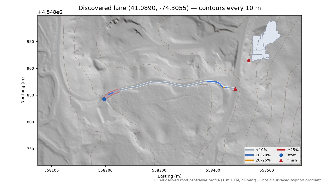 Discovered lane (41.0890, -74.3055) LiDAR hillshade map with contours