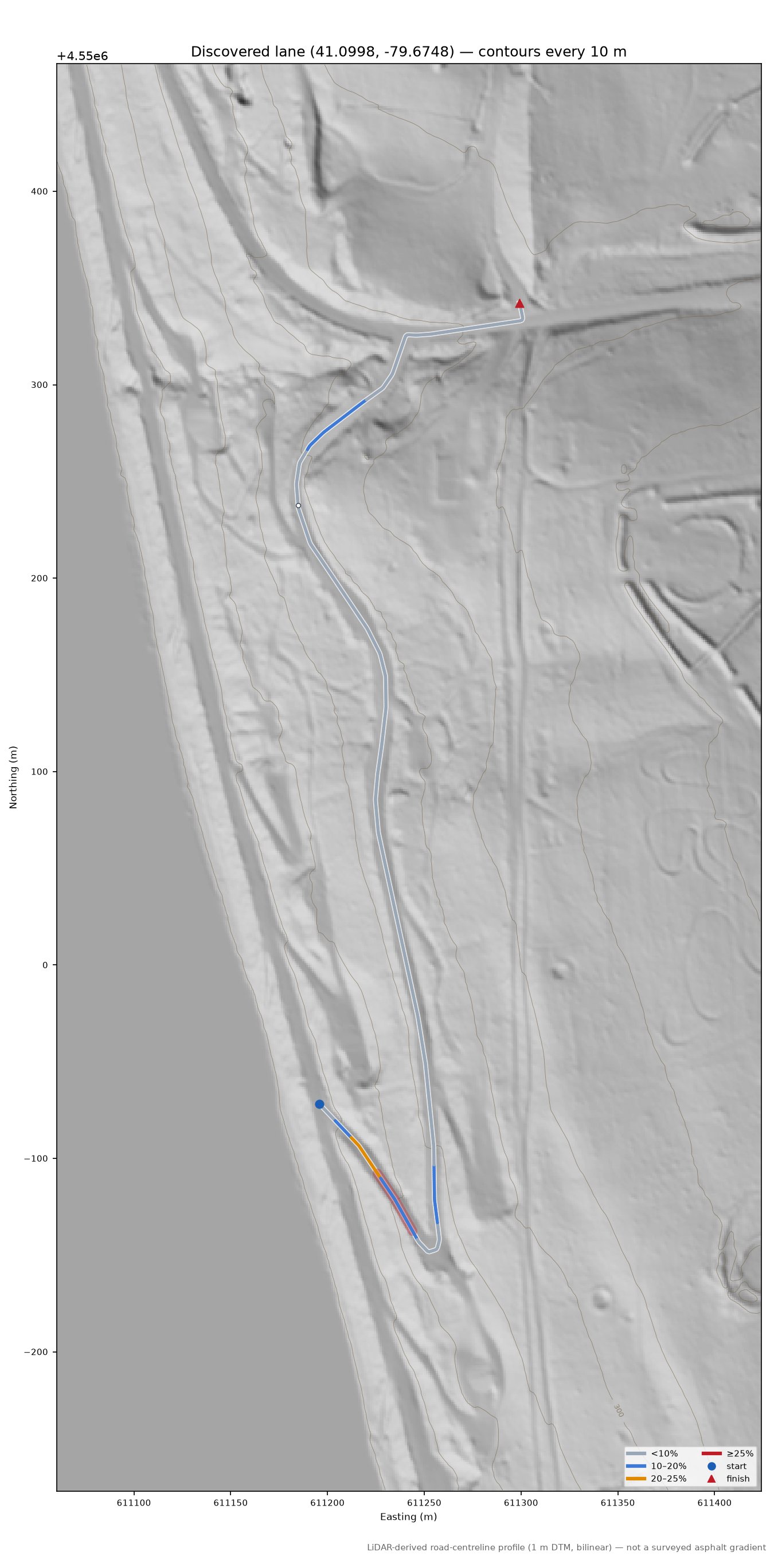 Discovered lane (41.0998, -79.6748) LiDAR hillshade map with contours