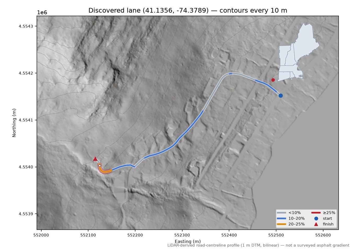 Discovered lane (41.1356, -74.3789) LiDAR hillshade map with contours