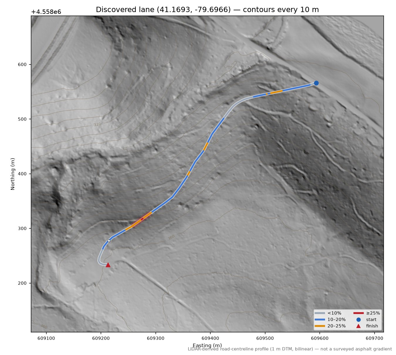 Discovered lane (41.1693, -79.6966) LiDAR hillshade map with contours