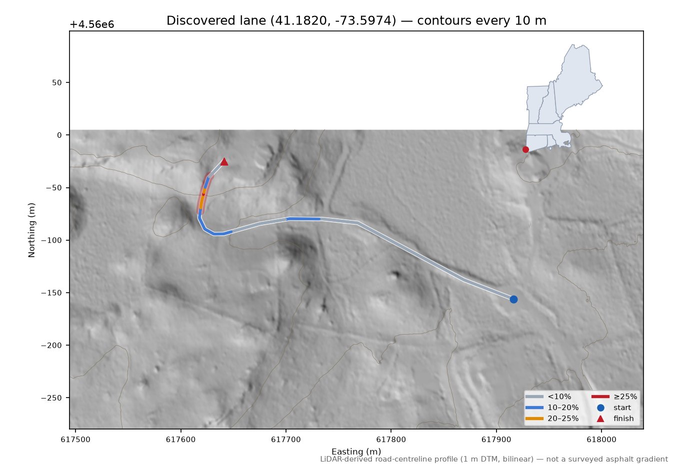 Discovered lane (41.1820, -73.5974) LiDAR hillshade map with contours