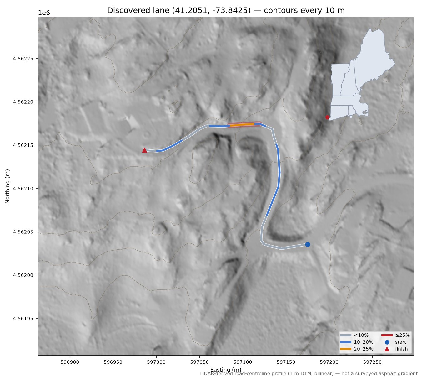 Discovered lane (41.2051, -73.8425) LiDAR hillshade map with contours