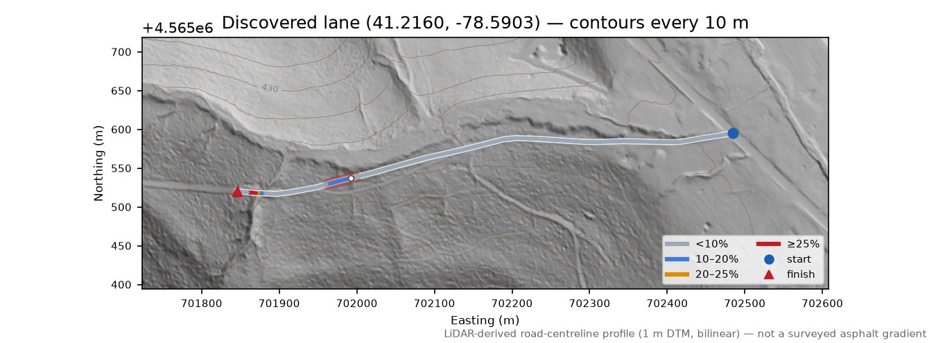 Discovered lane (41.2160, -78.5903) LiDAR hillshade map with contours