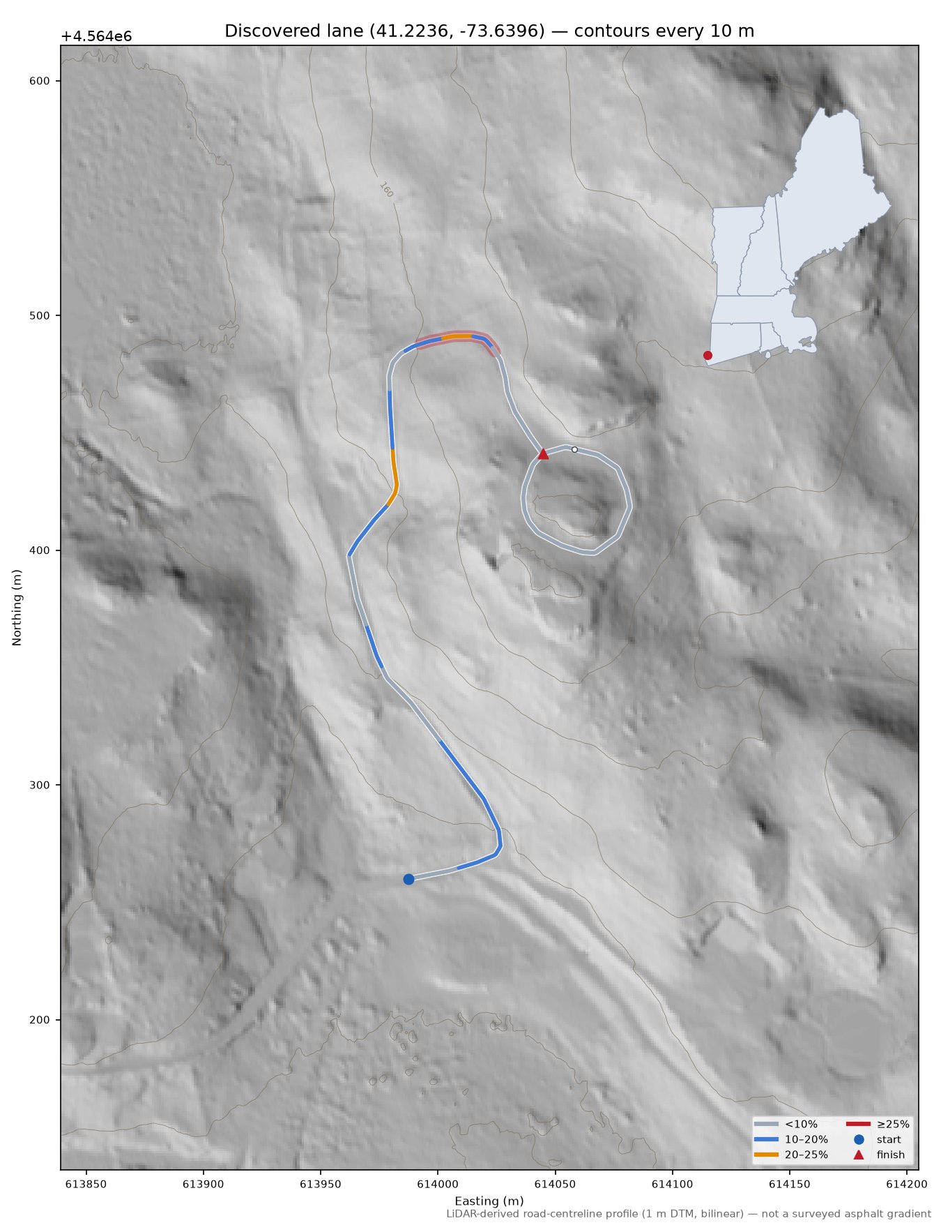Discovered lane (41.2236, -73.6396) LiDAR hillshade map with contours