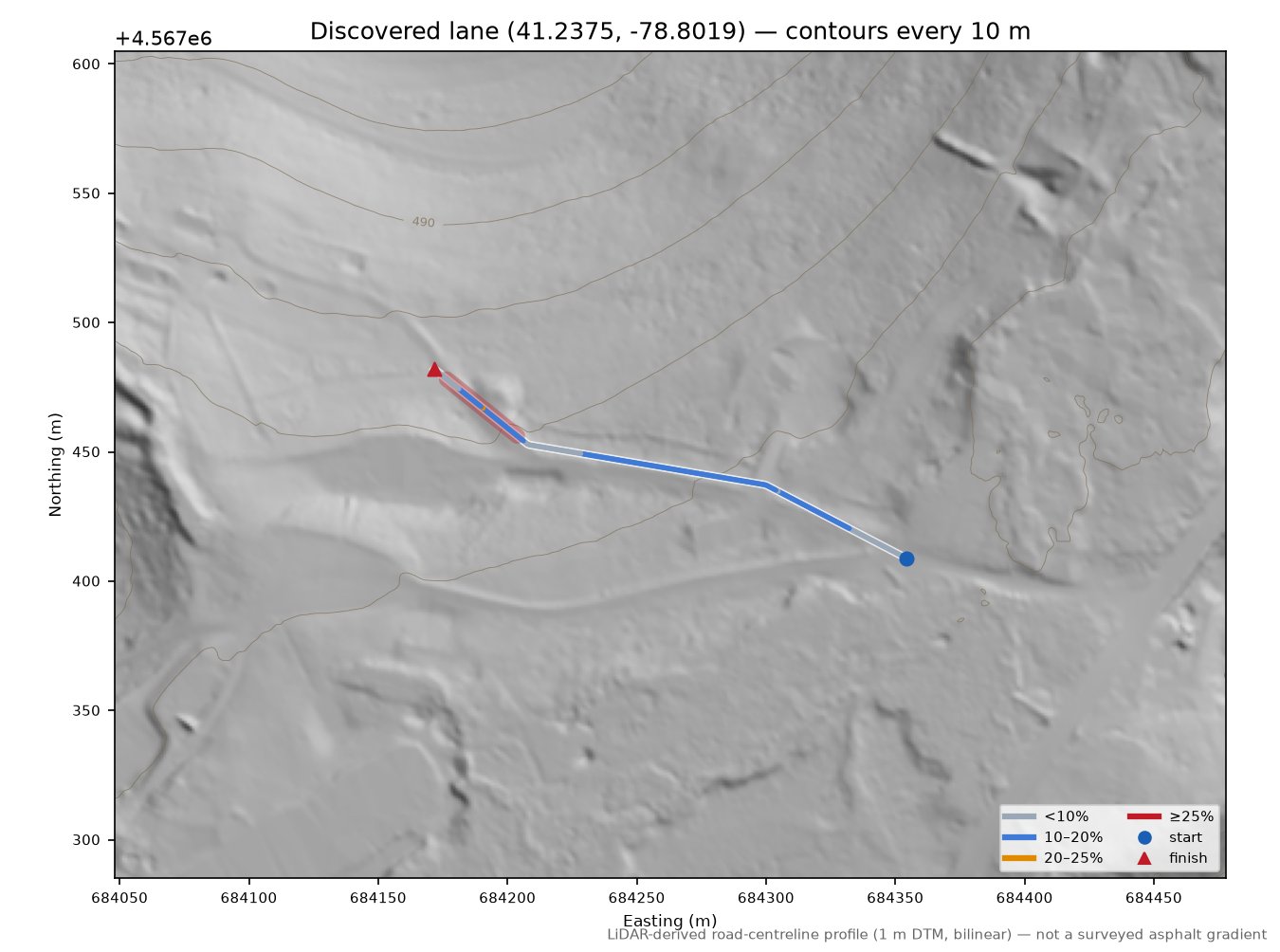 Discovered lane (41.2375, -78.8019) LiDAR hillshade map with contours