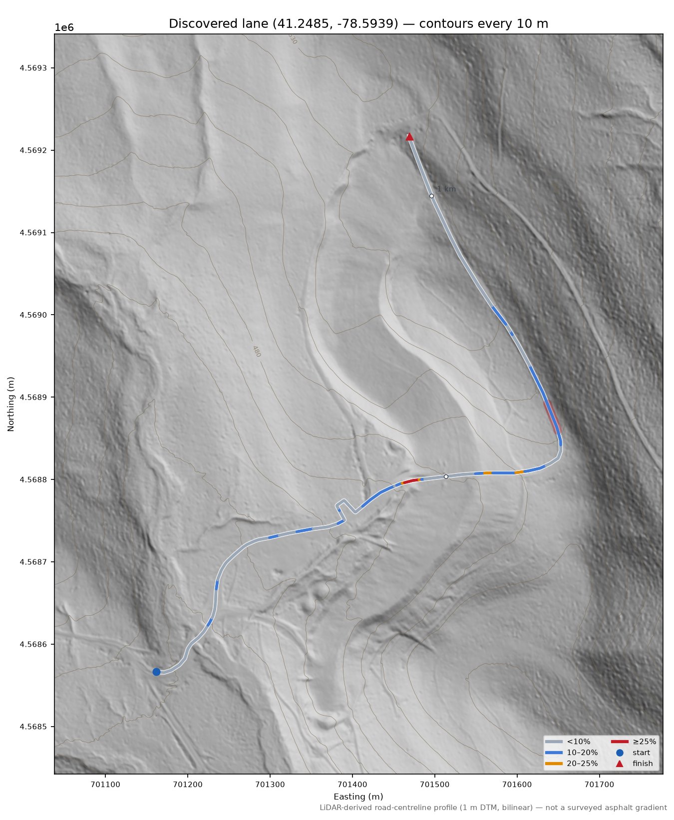 Discovered lane (41.2485, -78.5939) LiDAR hillshade map with contours