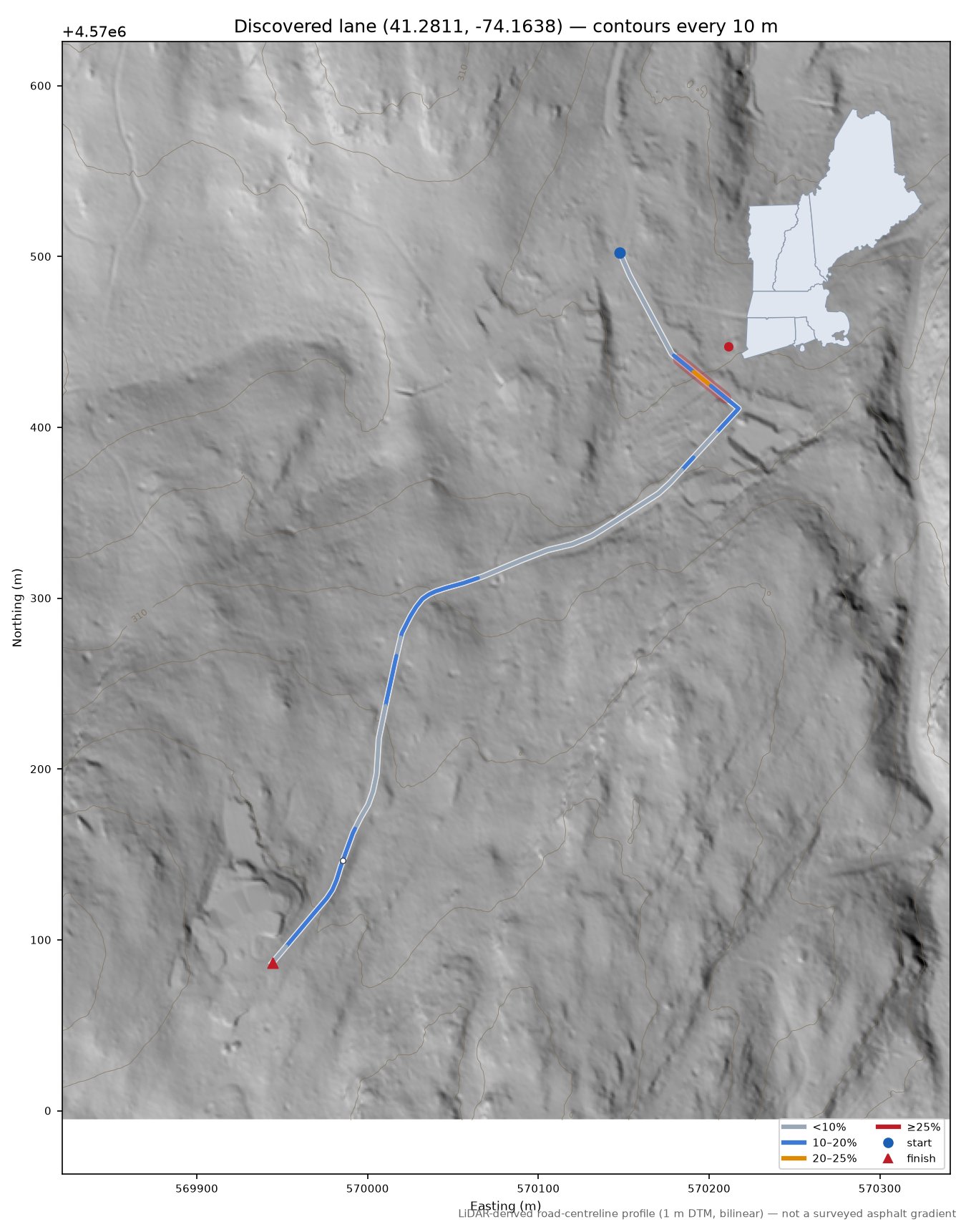 Discovered lane (41.2811, -74.1638) LiDAR hillshade map with contours