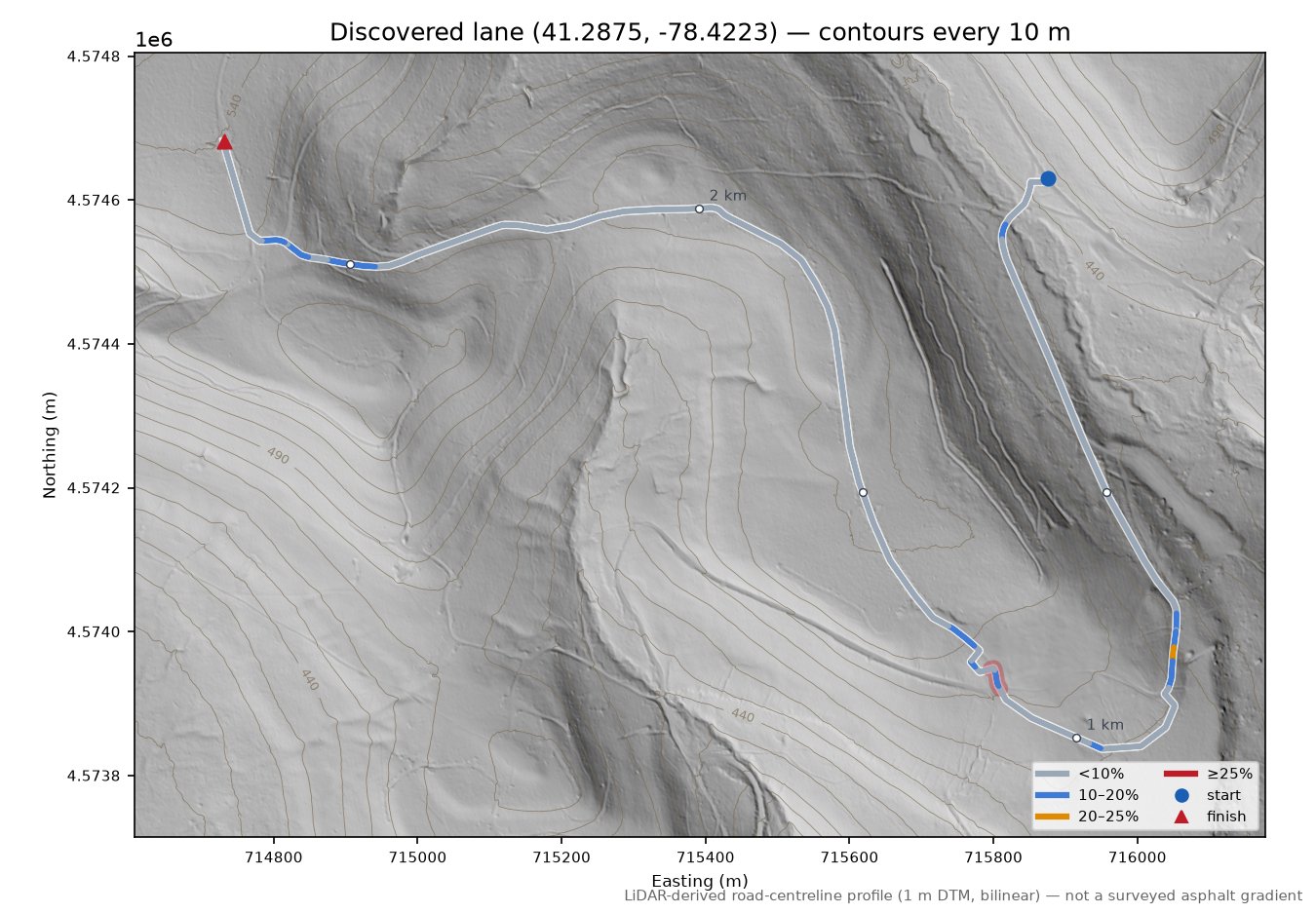 Discovered lane (41.2875, -78.4223) LiDAR hillshade map with contours