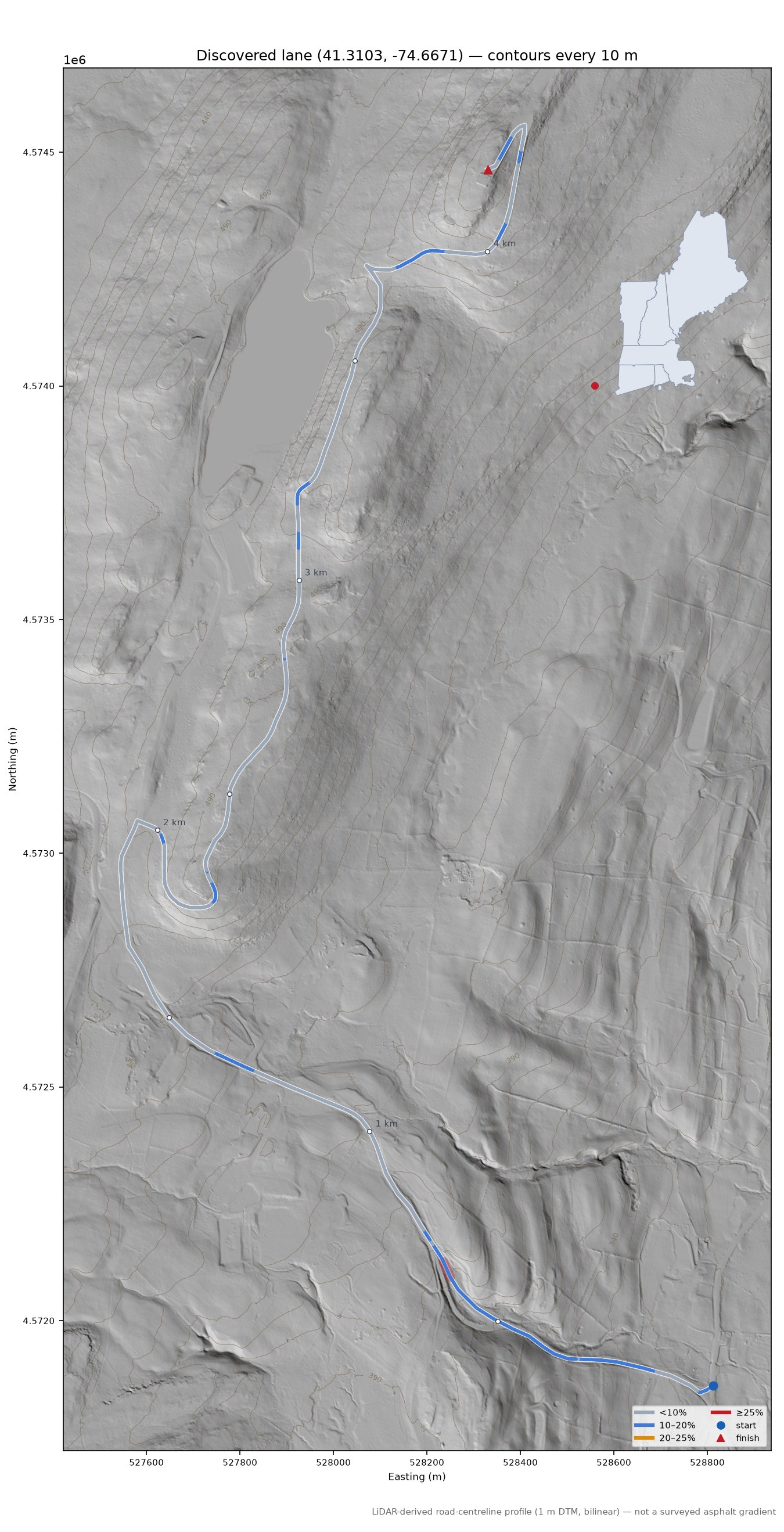 Discovered lane (41.3103, -74.6671) LiDAR hillshade map with contours
