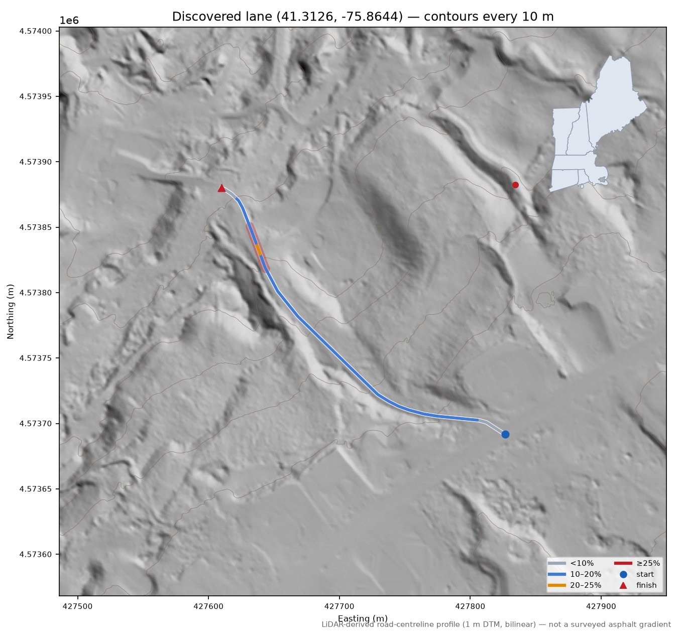 Discovered lane (41.3126, -75.8644) LiDAR hillshade map with contours