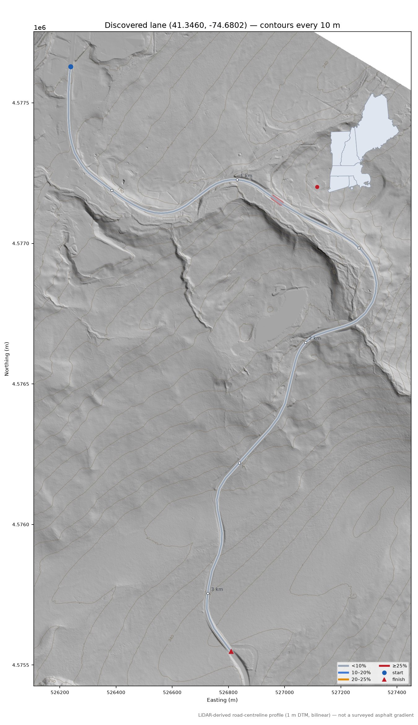Discovered lane (41.3460, -74.6802) LiDAR hillshade map with contours