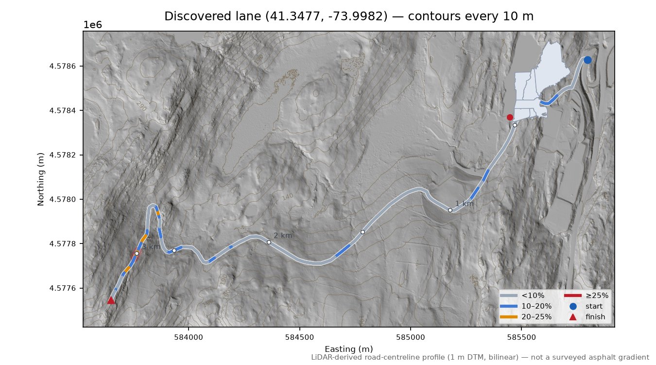 Discovered lane (41.3477, -73.9982) LiDAR hillshade map with contours