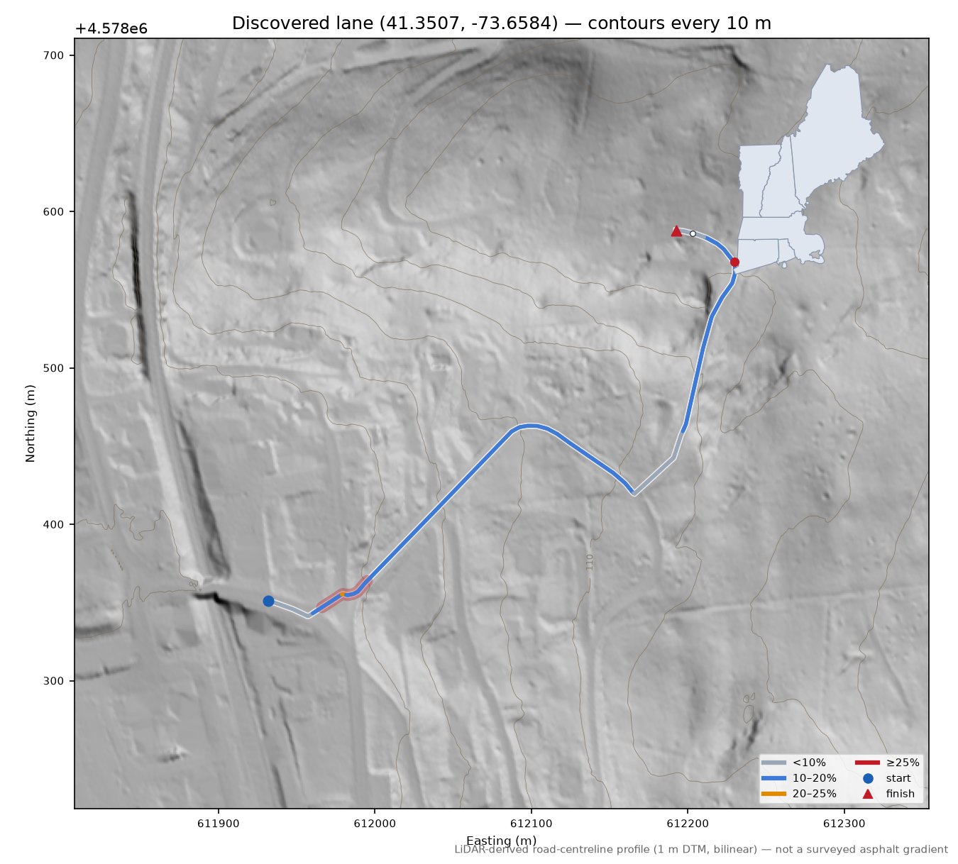 Discovered lane (41.3507, -73.6584) LiDAR hillshade map with contours