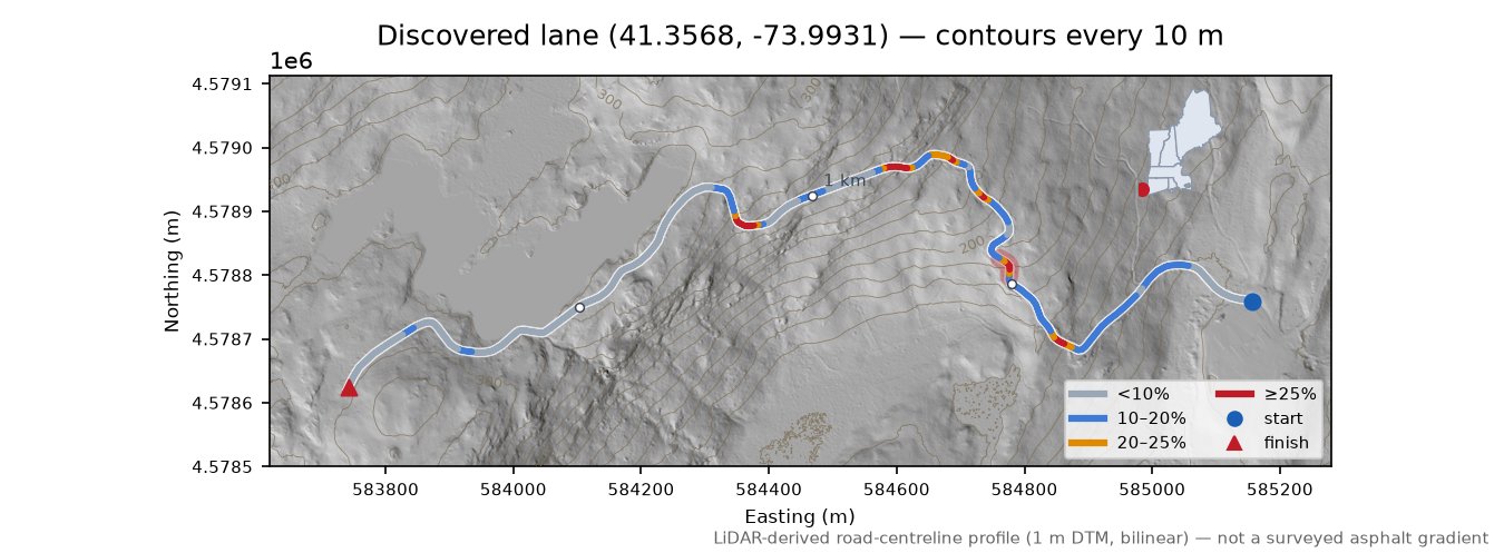 Discovered lane (41.3568, -73.9931) LiDAR hillshade map with contours