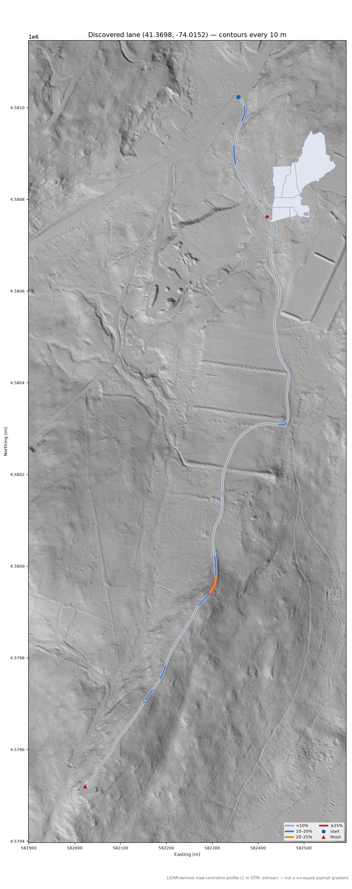 Discovered lane (41.3698, -74.0152) LiDAR hillshade map with contours