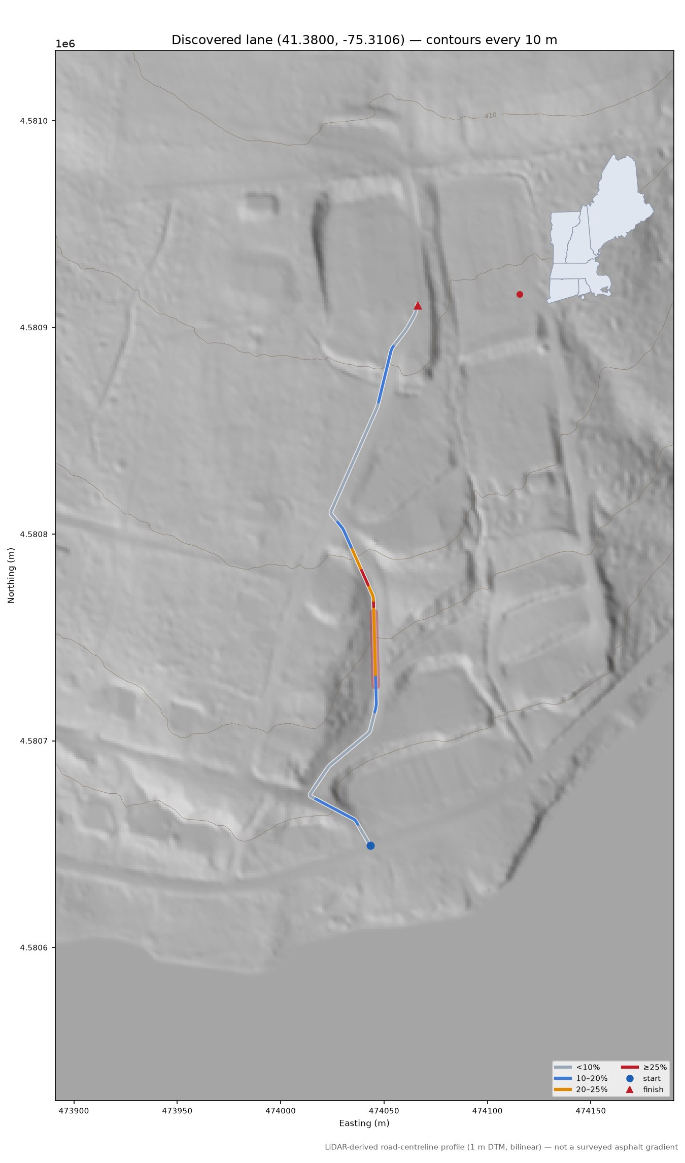 Discovered lane (41.3800, -75.3106) LiDAR hillshade map with contours