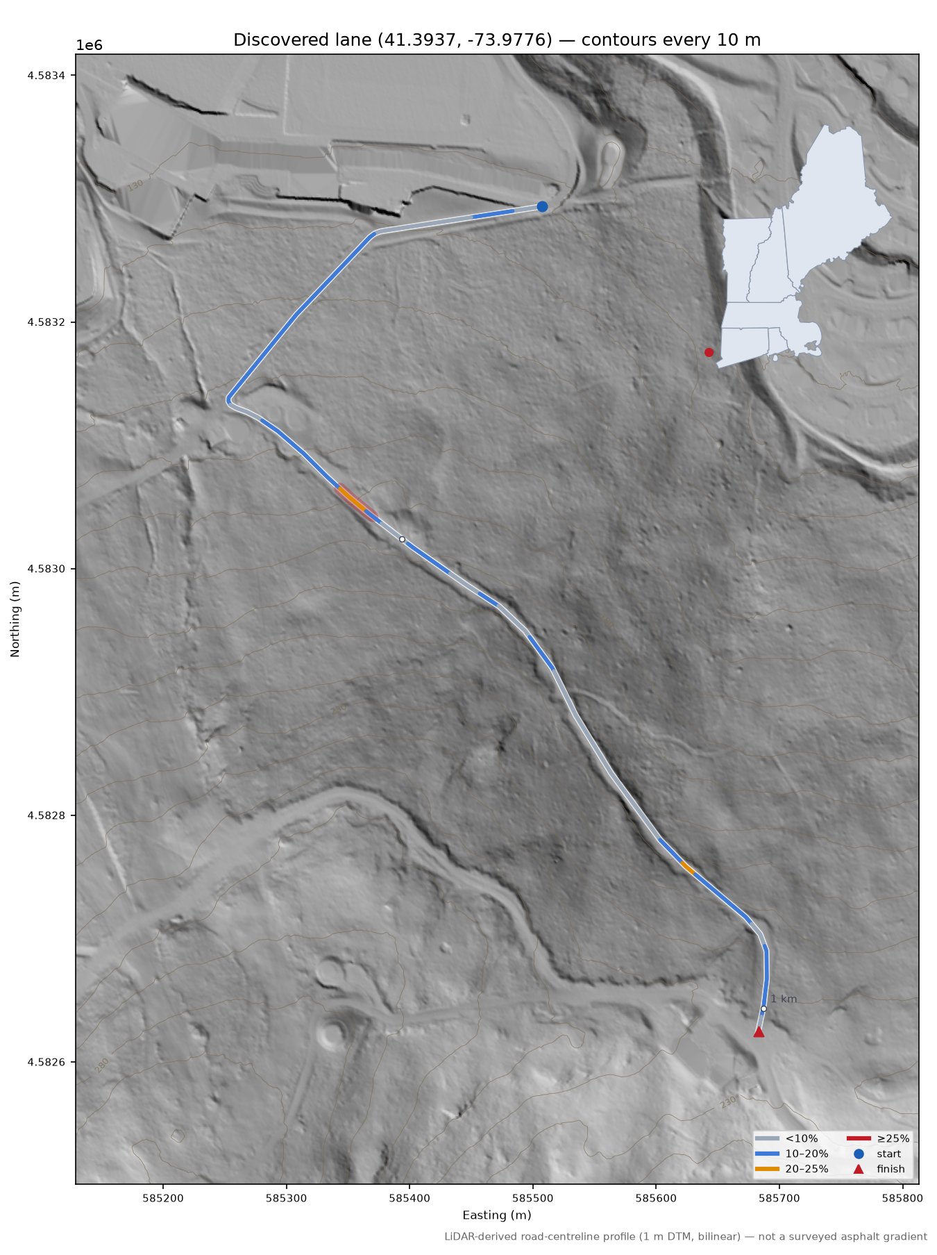 Discovered lane (41.3937, -73.9776) LiDAR hillshade map with contours