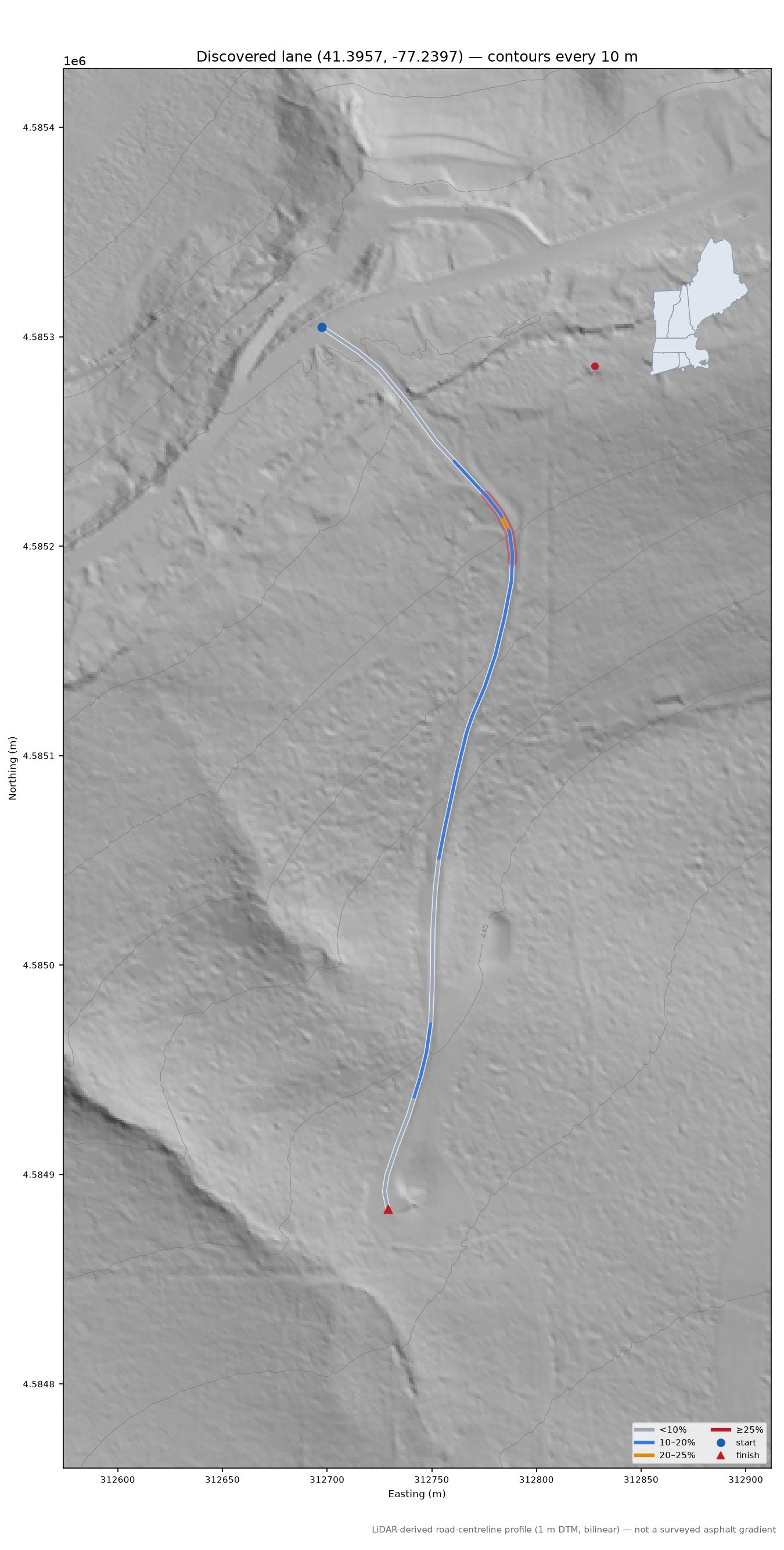 Discovered lane (41.3957, -77.2397) LiDAR hillshade map with contours