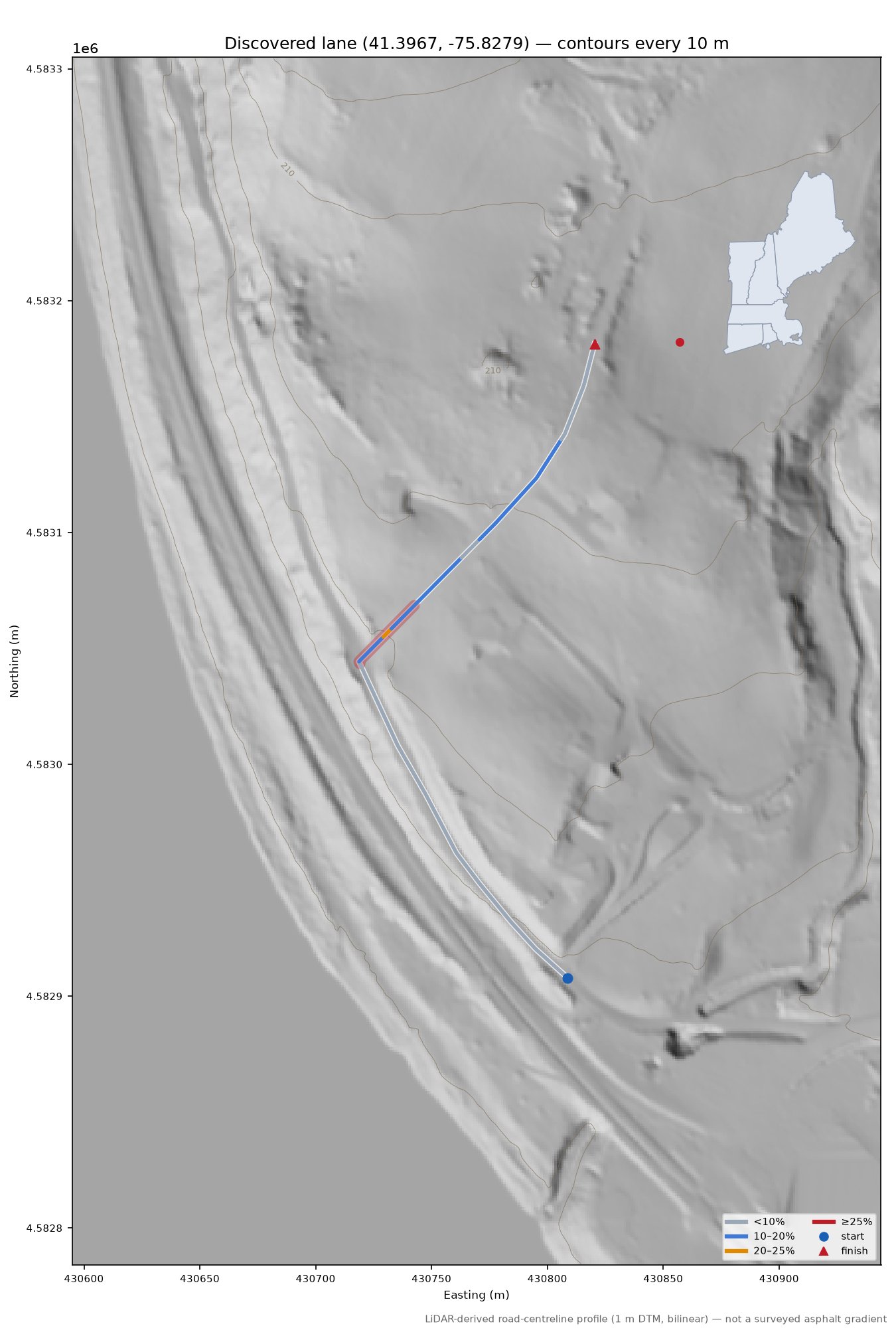 Discovered lane (41.3967, -75.8279) LiDAR hillshade map with contours