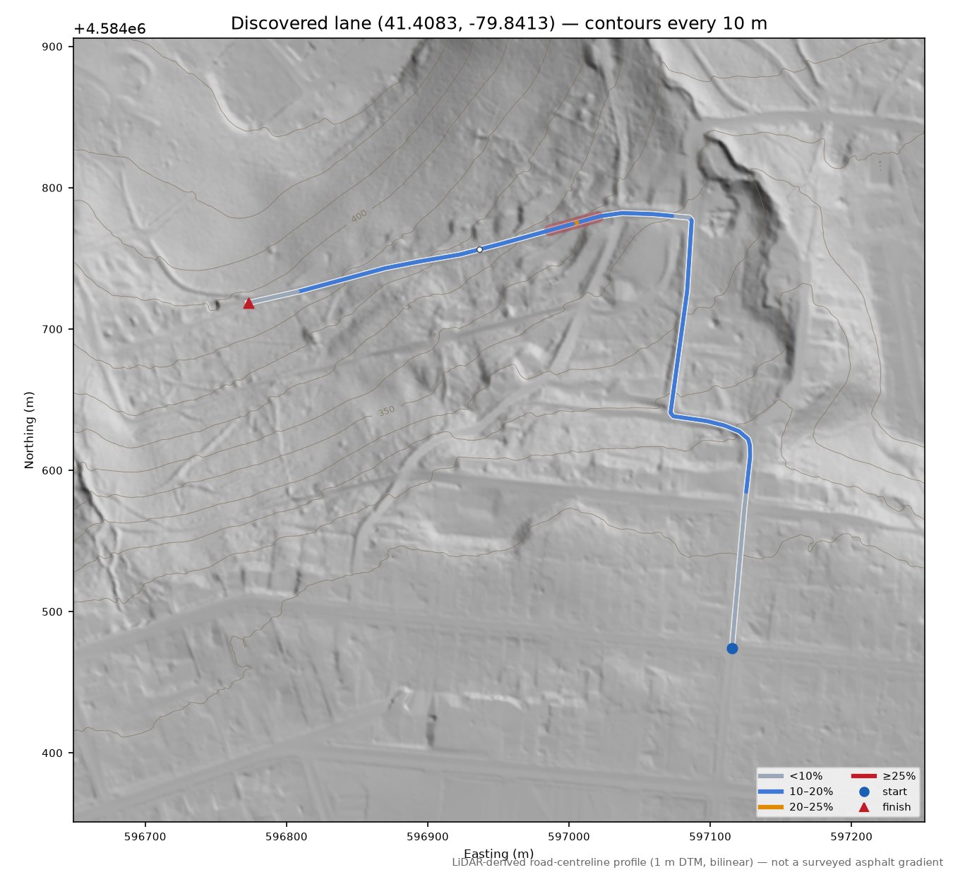 Discovered lane (41.4083, -79.8413) LiDAR hillshade map with contours