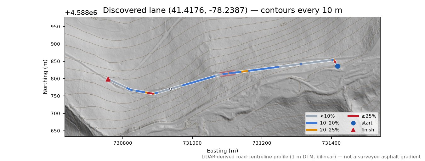 Discovered lane (41.4176, -78.2387) LiDAR hillshade map with contours