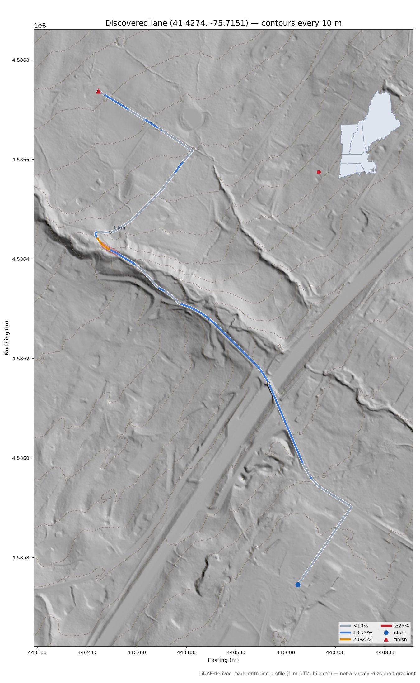 Discovered lane (41.4274, -75.7151) LiDAR hillshade map with contours