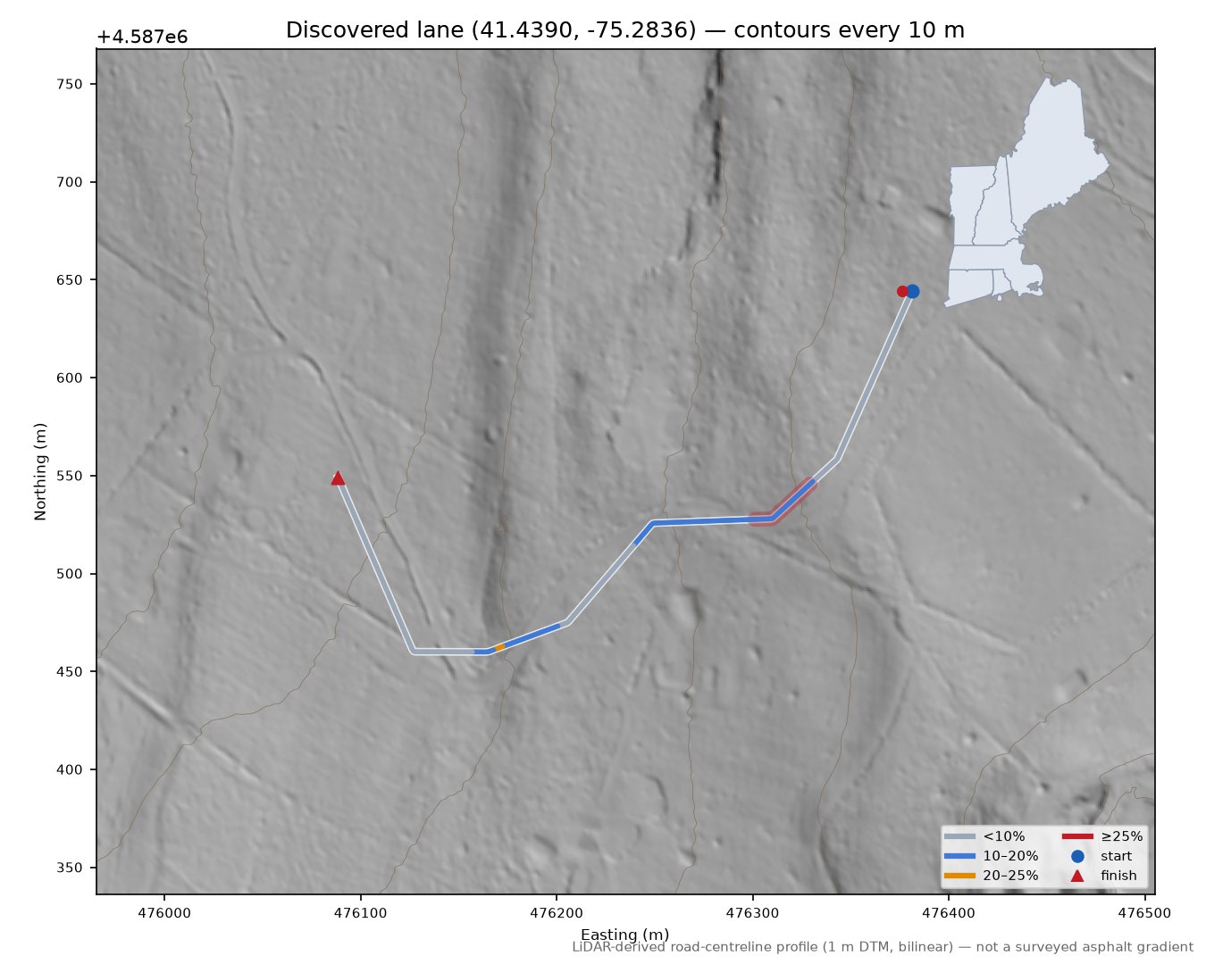 Discovered lane (41.4390, -75.2836) LiDAR hillshade map with contours