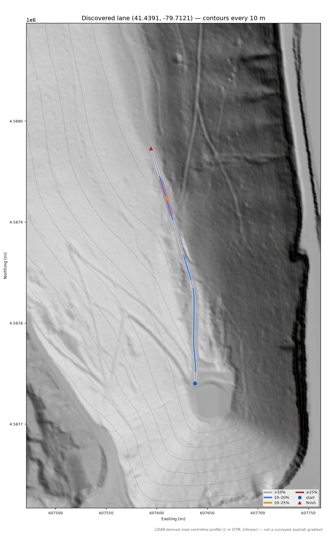 Discovered lane (41.4391, -79.7121) LiDAR hillshade map with contours
