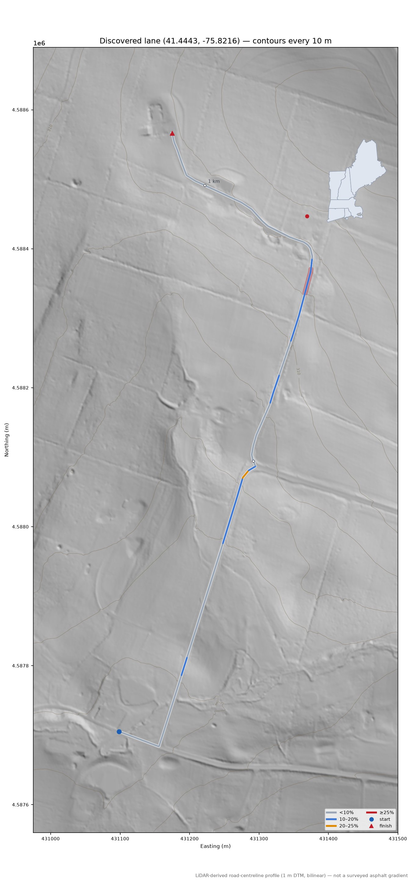 Discovered lane (41.4443, -75.8216) LiDAR hillshade map with contours