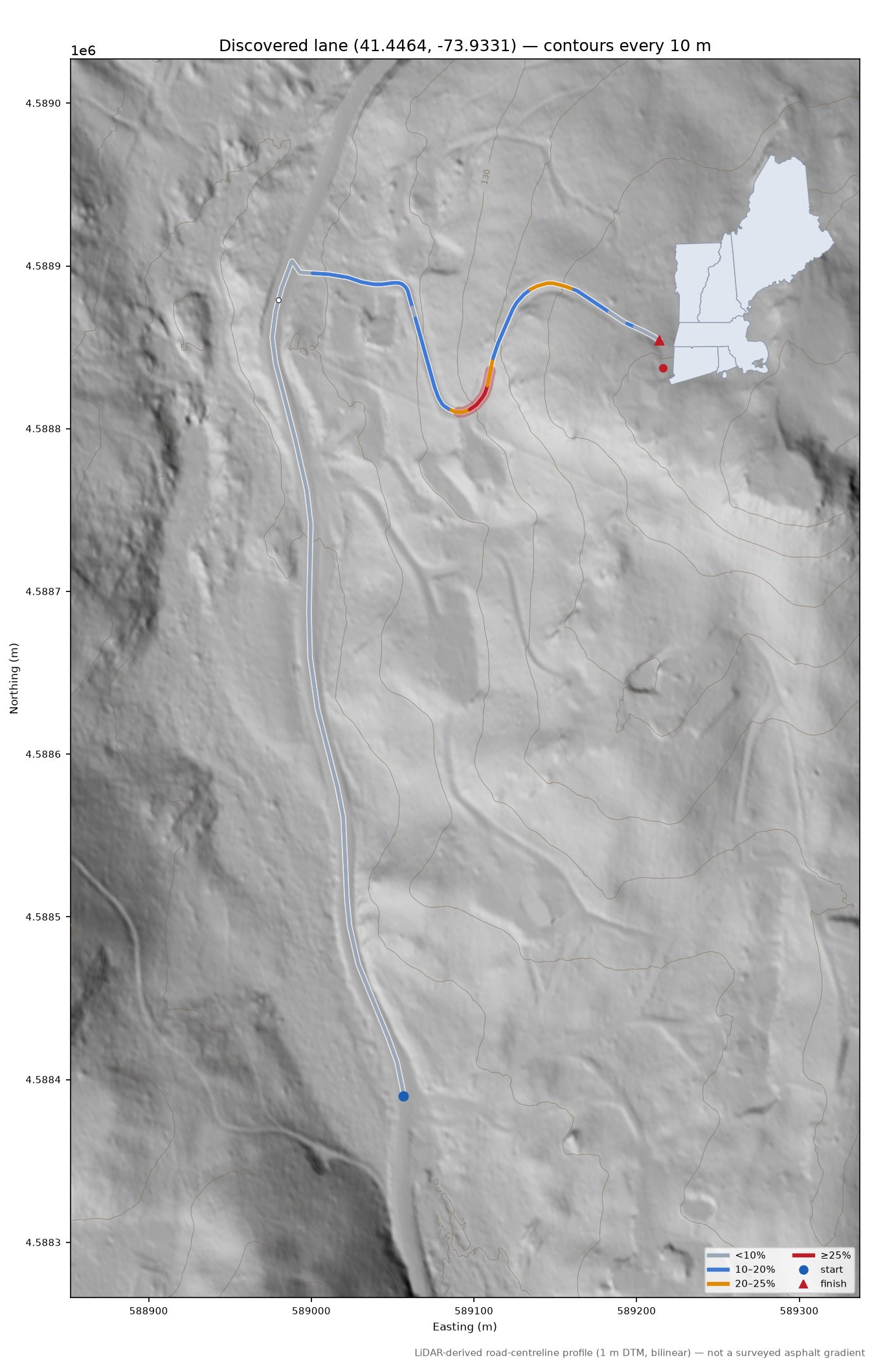 Discovered lane (41.4464, -73.9331) LiDAR hillshade map with contours