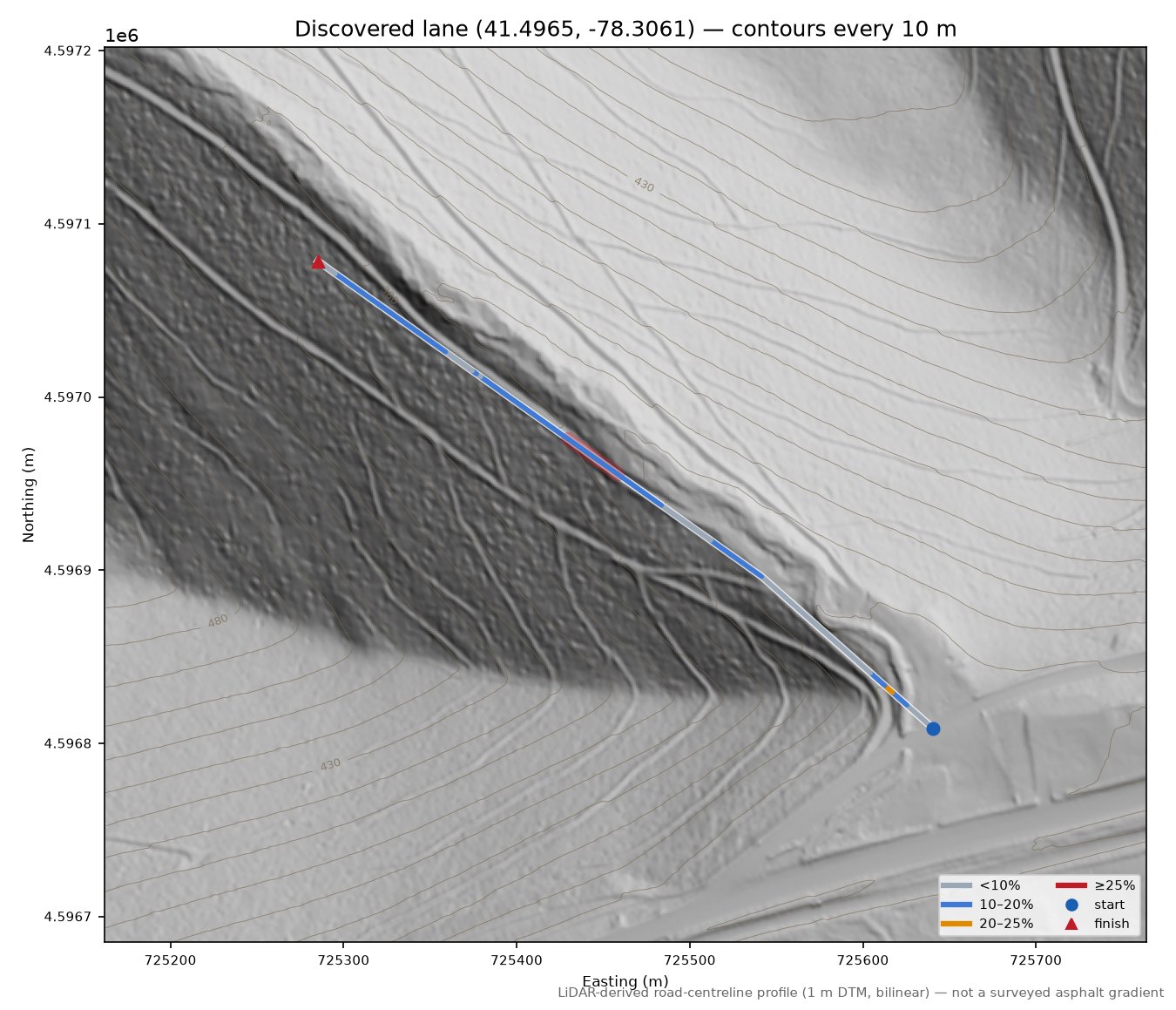 Discovered lane (41.4965, -78.3061) LiDAR hillshade map with contours