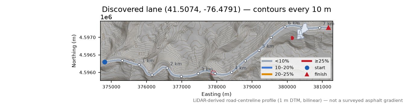 Discovered lane (41.5074, -76.4791) LiDAR hillshade map with contours