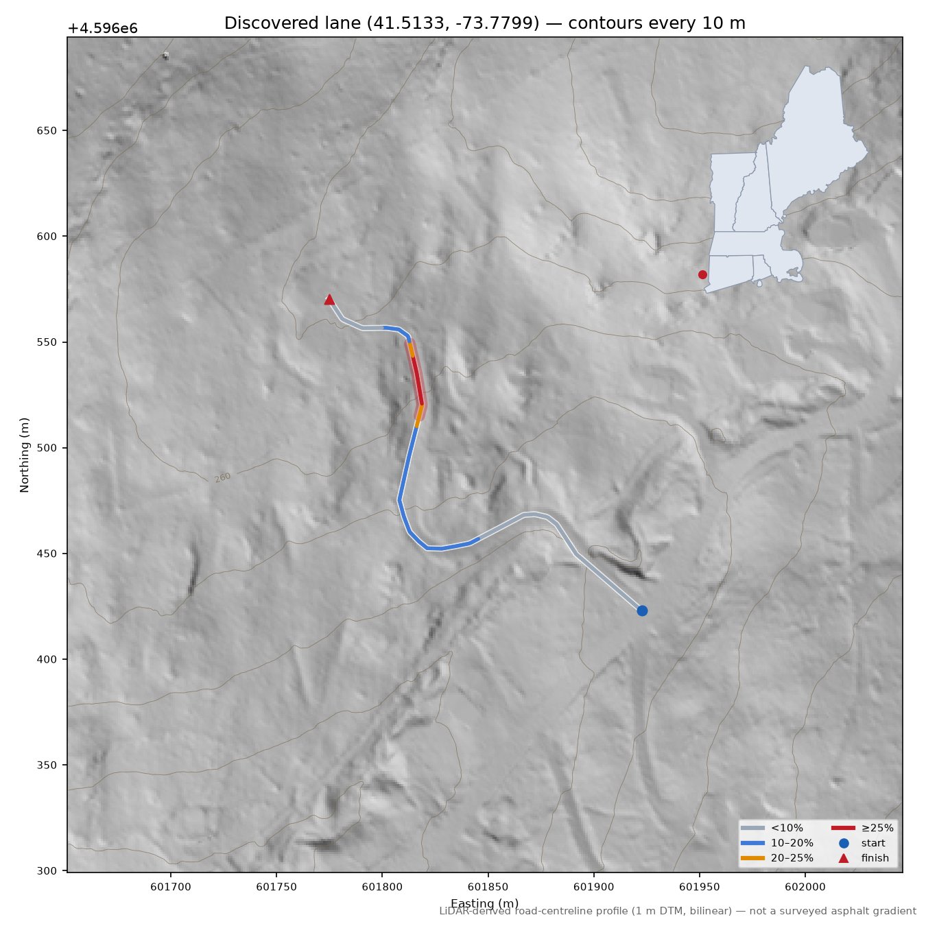 Discovered lane (41.5133, -73.7799) LiDAR hillshade map with contours