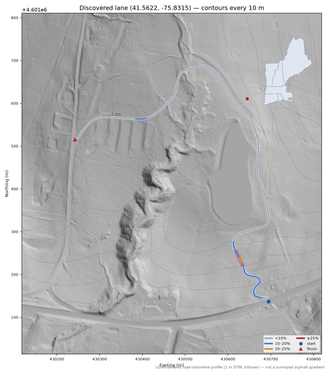 Discovered lane (41.5622, -75.8315) LiDAR hillshade map with contours