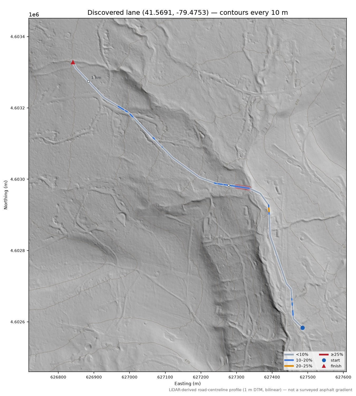 Discovered lane (41.5691, -79.4753) LiDAR hillshade map with contours