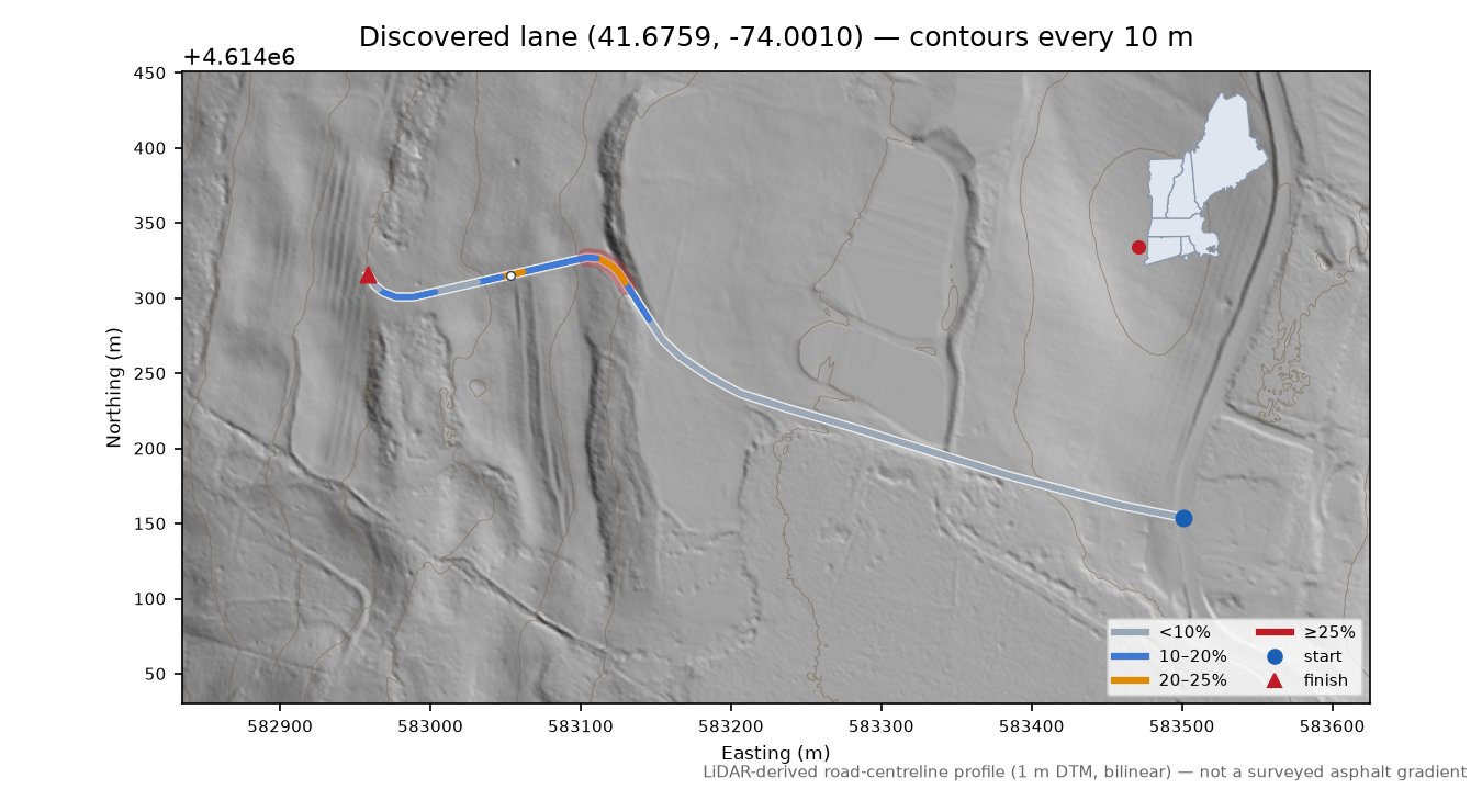 Discovered lane (41.6759, -74.0010) LiDAR hillshade map with contours