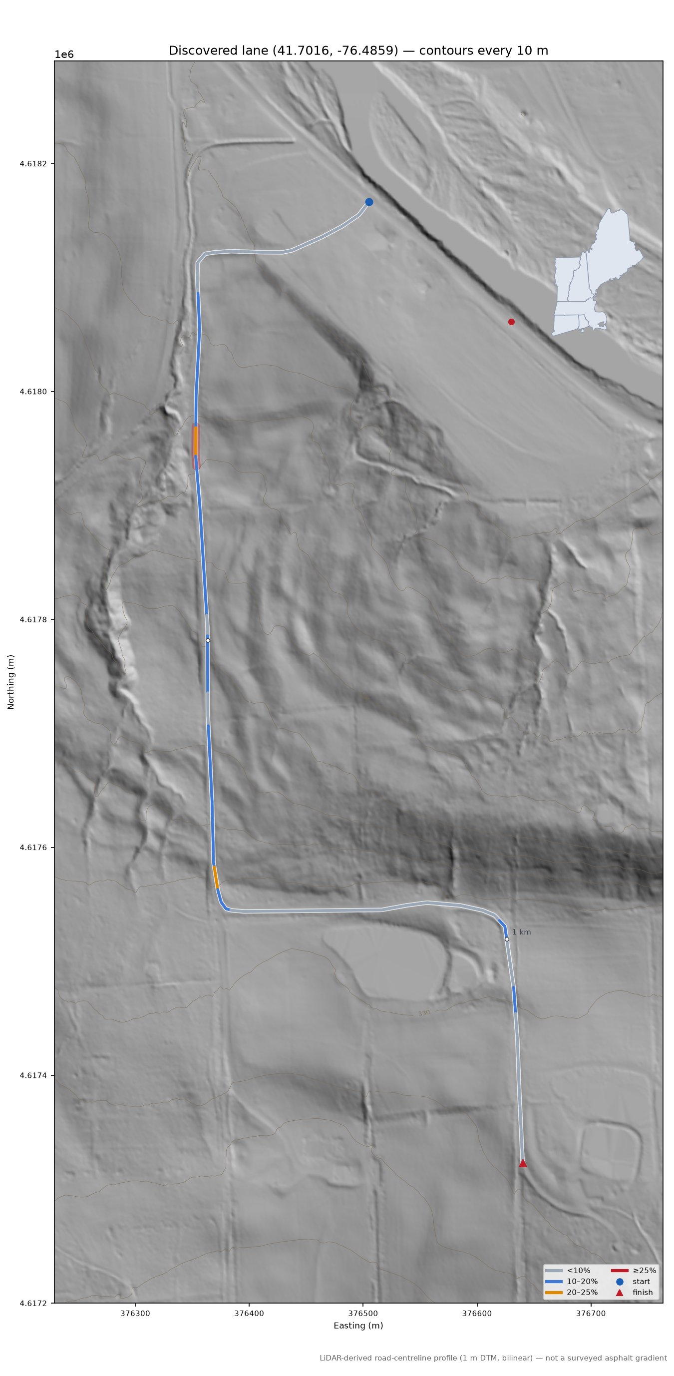 Discovered lane (41.7016, -76.4859) LiDAR hillshade map with contours