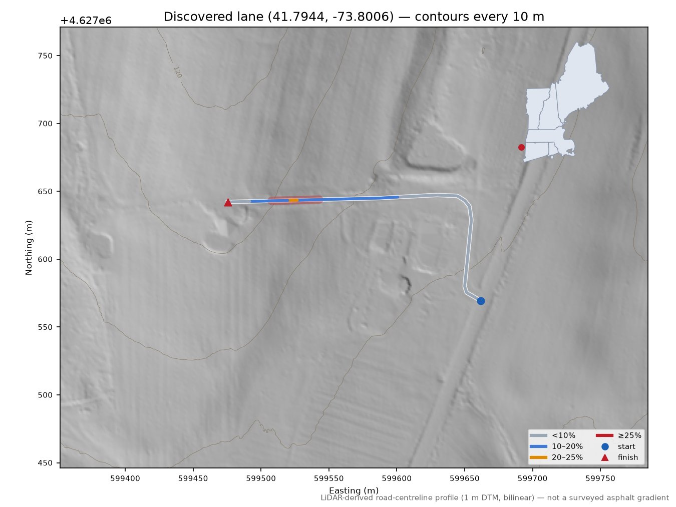 Discovered lane (41.7944, -73.8006) LiDAR hillshade map with contours