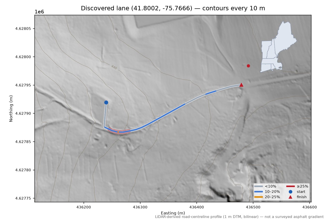 Discovered lane (41.8002, -75.7666) LiDAR hillshade map with contours
